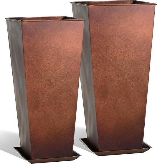 KOL 25'' & 28'' Tall Galvanized Steel Planter with Saucer, Metal Planter Pots for Indoor & Outdoor Use, Decorative Flower Plant Pots with Drainage Hole for Front Porch, Patio, Deck - Rust Color-Ruum Studio Home