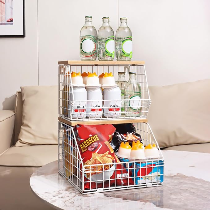 White Fruit Bowl, 2-Tier Fruit Basket for Kitchen Counter, Stackable Wall Mounted Veggie Storage, Snack Organizer, Potato and Onion Storage Basket, Hanging Pantry Organizer with Wood Lid, 2 Set-Ruum Studio Home