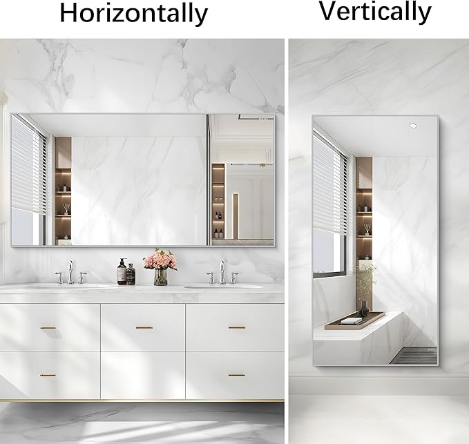 Silver Bathroom Mirror for Wall, 30x60 Inch Rectangle Mirrors with Metal Frame, Modern Vanity Large Wall Mirror for Bathroom Living Room, Entryway Hangs Horizontal or Vertical-Ruum Studio Home
