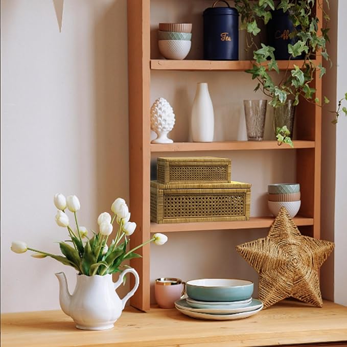 Rattan Box for Home Decor with Lid - Rectangular Coastal Bohemian Style Stackable Decorative Storage Box Set - Handmade from Natural Rattan, Cedar & Real Glass-Ruum Studio Home