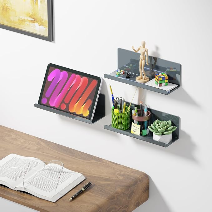 Adhesive Floating Shelves for Wall No Drilling, 12 Inch Acrylic Self Adhesive Shelves, Stick on Shelves, Dorm Wall Shelf, for Bathroom, Kitchen, Bedroom, Office, Gaming Room, Gray-Ruum Studio Home