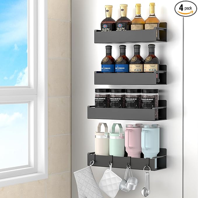 4 Pack Magnetic Spice Rack Organizer for Refrigerator and Oven, Black Fridge Organizers and Storage for Kitchen-Ruum Studio Home