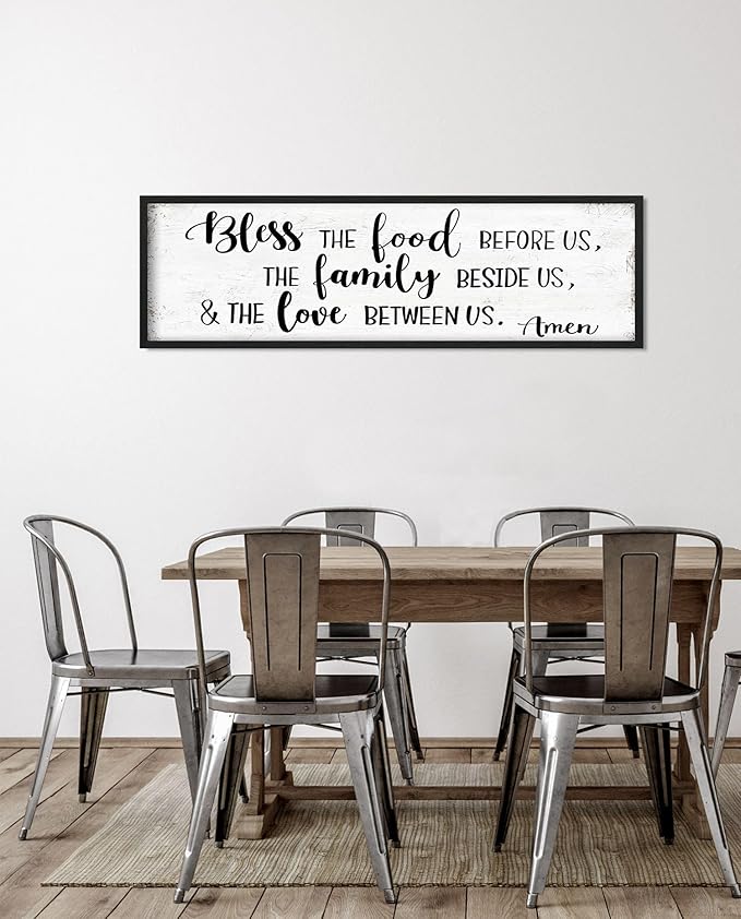 Bless the Food Before Us Wall Decor: Farmhouse Rustic Kitchen Signs Wall Decor Framed Hanging Wall Plaques 12" x 40",Inspirational Quotes The Family Beside Us Signs-Ruum Studio Home