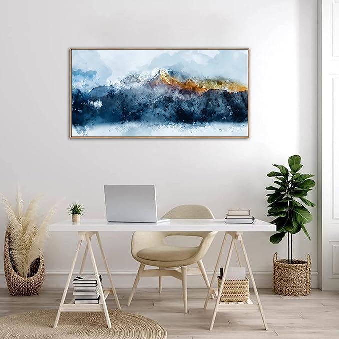 Framed Canvas Wall Art Indigo Abstract Mountain Pictures Wall Decor Blue Grey Orange Mountain Peaks Canvas Painting Prints Modern Abstract Artwork for Living Room Bedroom Decoration 24" x 48"-Ruum Studio Home