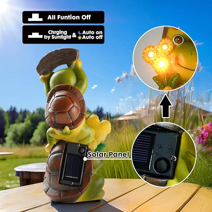 Garden Turtle Outdoor Statues, Solar Garden Statue Two Sweet Frog Face Turtles Decor with 3 LED Lights, Unique Art Resin Gifts for Patio Lawn Porch Yard-Ruum Studio Home