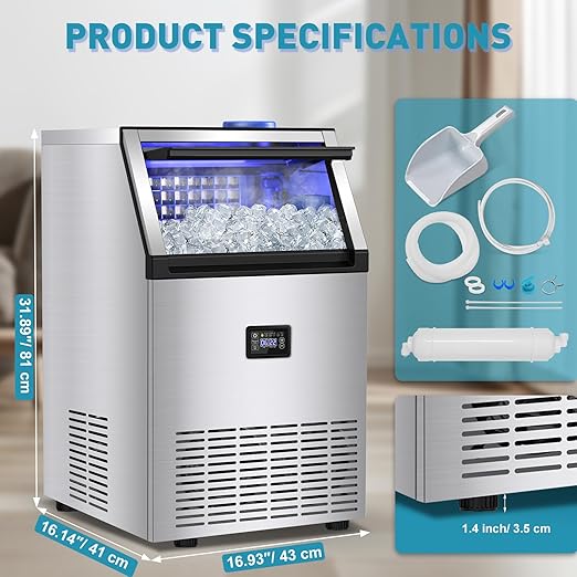 Commercial Ice Maker Machine, 175Lbs/24H with 45Lbs Storage, 55Pcs Clear Ice Cubes in 8-15Mins, Freestanding Stainless Steel Ice Machine for Home, Bar, Party, Office - Fast Ice Making & Easy to Clean-Ruum Studio Home