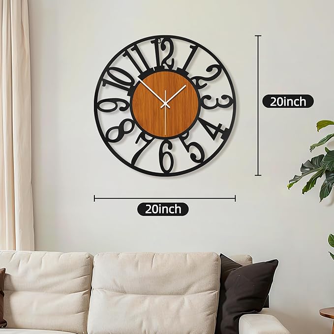 Maxstar Round Wall Clock for Living Room Decor Battery Operated Non Ticking Black Metal Wood Clocks for Home Living Room Garden Office Kitchen Decoration -20 inch-Ruum Studio Home