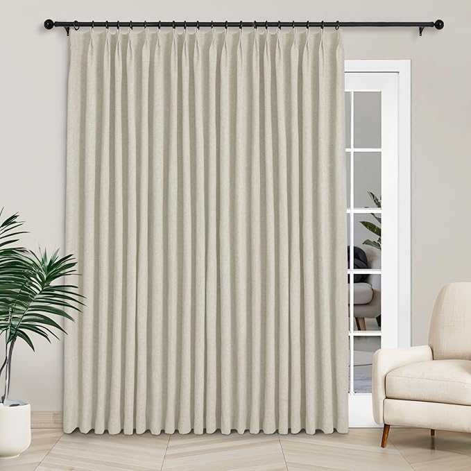 Macochico Extra Wide Full Blackout Linen Curtains for Sliding Door Ivory White Pinch Pleated Linen Curtains 96 Inches Long for Bedroom Living Room Farmhouse with Tieback 120”Wx96”L 1 Panel-Ruum Studio Home