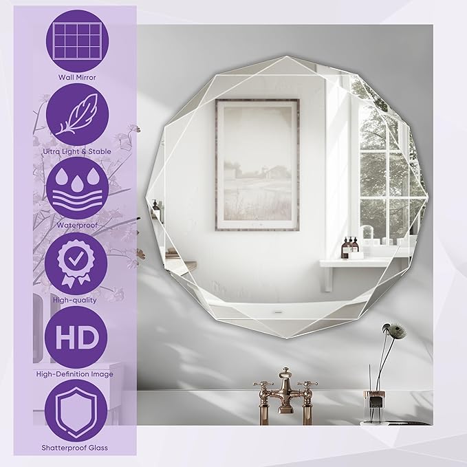 Bathroom Mirror for Wall, 24" x 24" Circle Bathroom Vanity Mirror, Beveled Edge Frameless Wall Mount Vanity Mirror, Decorative Round Irregular Beveled Edge-Ruum Studio Home