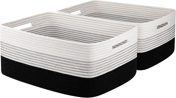 Large Storage Basket for Organizing, Woven Rope Basket for Shelves, Closet Organizer Bins for Clothes, Blanket, Toys, Baby Nursery Storage, 17.7" x 13" x 7.87", 2 Packs Gradient Black-Ruum Studio Home