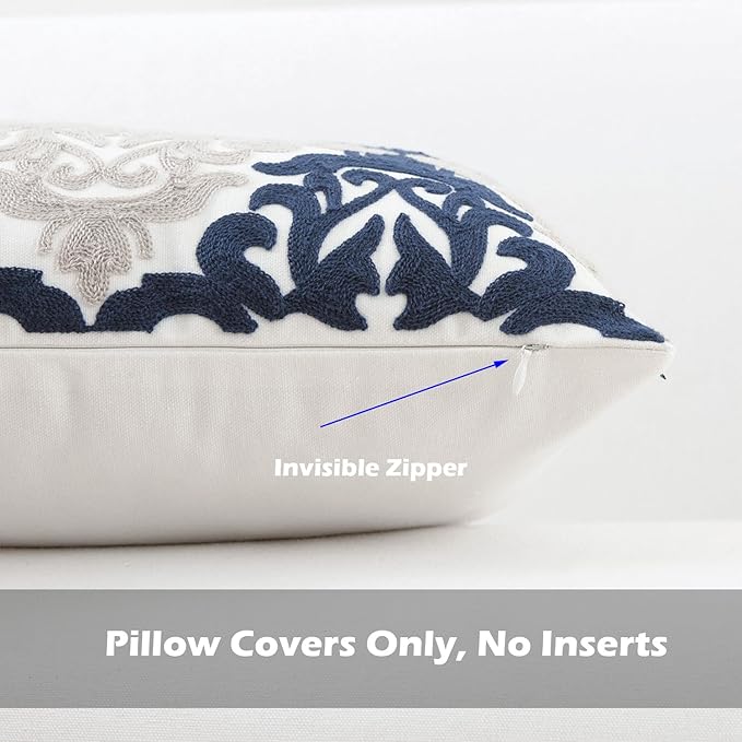 HWY 50 Navy Blue Decorative Throw Pillow Covers 18x18 Inch (1 Piece), Embroidered Cotton Farmhouse Cushion Cover Pillow Case for Sofa Couch Living Room Bed Bedroon, Floral Geometric-Ruum Studio Home