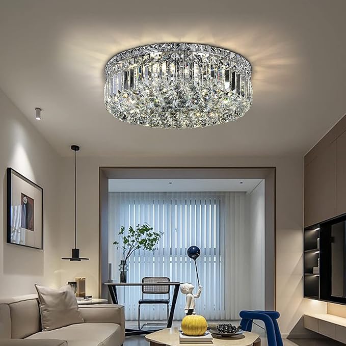 6-Lights Crystal Flush Mount Chandelier Light Fixture with K9 Crystals Modern Ceiling Lights Elegant Pendant Lamp for Bedroom,Hallway,Bar,Living Room,Dining Room,H5.9 xW20 (Bulbs Not Included)-Ruum Studio Home