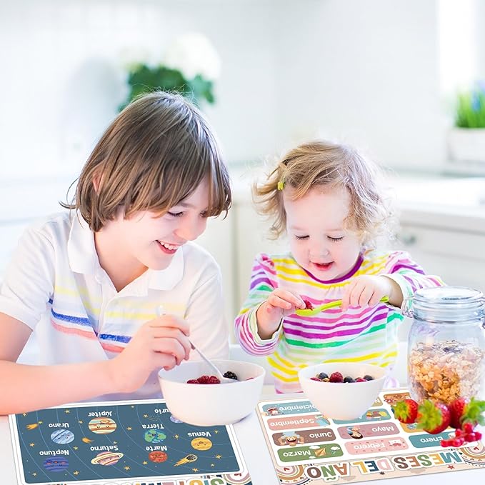 Spanish Educational Preschool Placemats Set of 6 Boho Plastic Table Mats Toddler Children Montessori Place Mats for Kids Washable Vinyl Holiday Table Decoration for Indoor Outdoor Party Kitchen Dining-Ruum Studio Home
