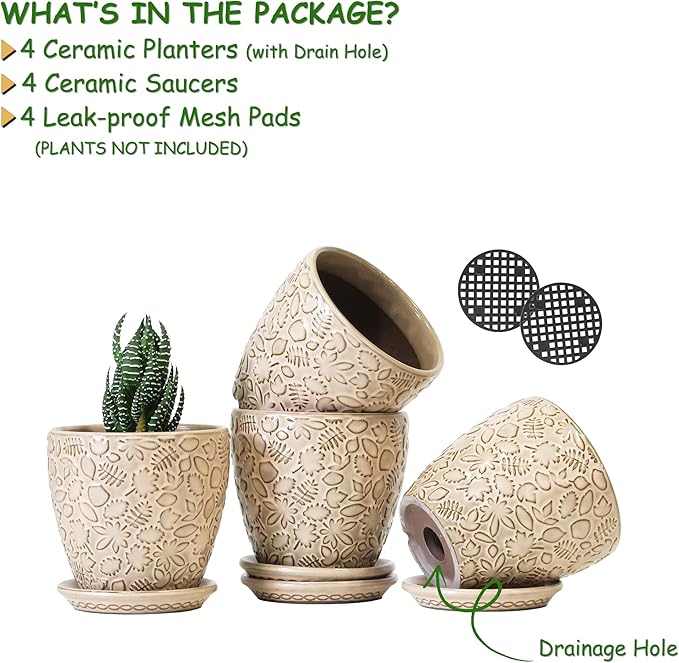4 Inch Mini Plant Pots, Ceramic Succulent Planter with Drainage Hole and Saucers for Indoor Plants, Small Garden Pots for Succulent, Herb and Flower, Set of 4-Ruum Studio Home