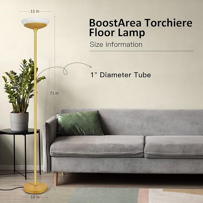 BoostArea Torchiere Floor Lamp, 24W Super Bright LED Standing Lamp, 3000K Stepless Dimmable Pole Lamp with Rotary Switch, 70 Inch Tall Metal Modern Floor Lamps for Living Room/Bedroom/Office/Den, Gold-Ruum Studio Home