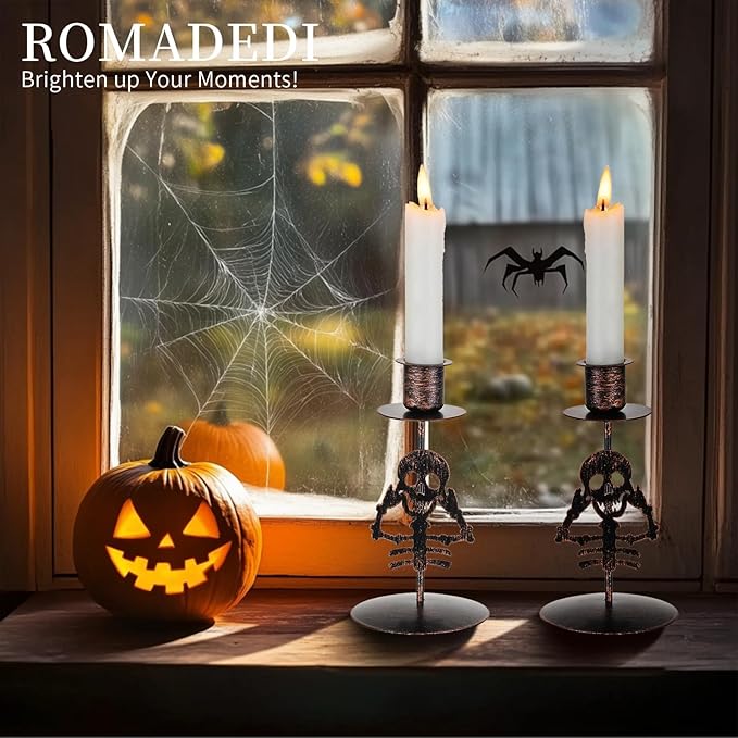 Romadedi Candle Holder for Halloween Decor: Set of 2 Black Gothic Skull Taper Candlestick Table Centerpiece Decorations Spooky Party Dinning Room Home Indoor-Ruum Studio Home