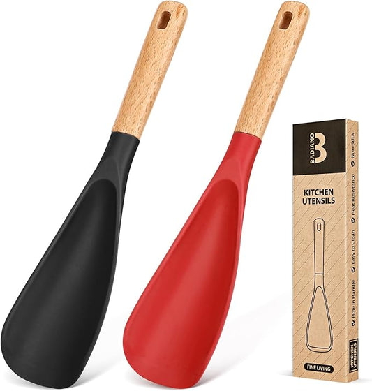 Cooking Spoon for Nonstick Cookwares, Great for Cooking and Serving Sturdy BPA-Free Matte Silicone, Wood Handle Spoon for Mixing, Scoop, and Scrape (Black & Red, 11.4 inch)-Ruum Studio Home