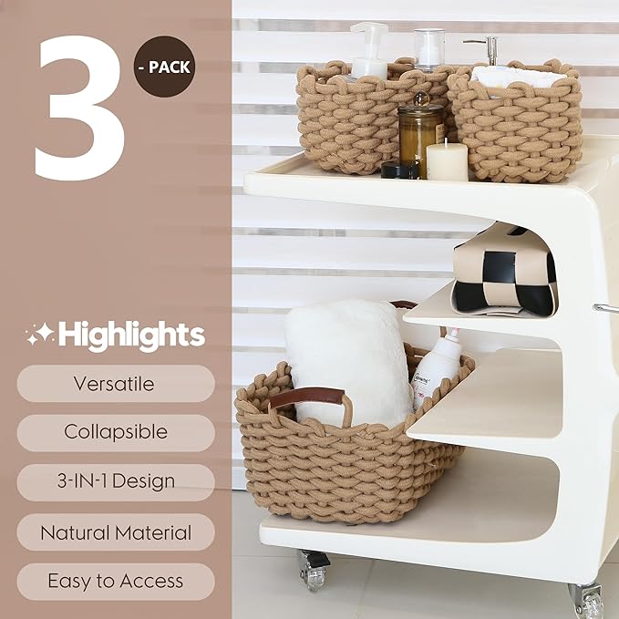 Sea Team 3-Pack Rectangle Woven Cotton Rope Storage Baskets with Handles, Shelf Basket, Closet Organizers, 3-in-1, Khaki-Ruum Studio Home