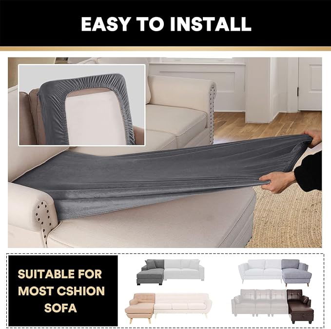 PrinceDeco Sectional Couch Covers Velvet Couch Cover for Dogs Washable L Shaped Couch Cover 1 Piece Individual Sectional Couch Covers with Elastic Bottom(Chaise Lounge,Grey)-Ruum Studio Home