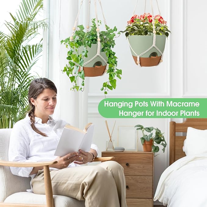 Hanging Planters for Indoor Outdoor Plants, 2 Pack Self Watering Hanging Pot with Drainage Holes, Removable Tray & 2 Kinds of Plant Hangers, 10'' Hanging Flower Pots for Home Garden Decor, Green-Ruum Studio Home