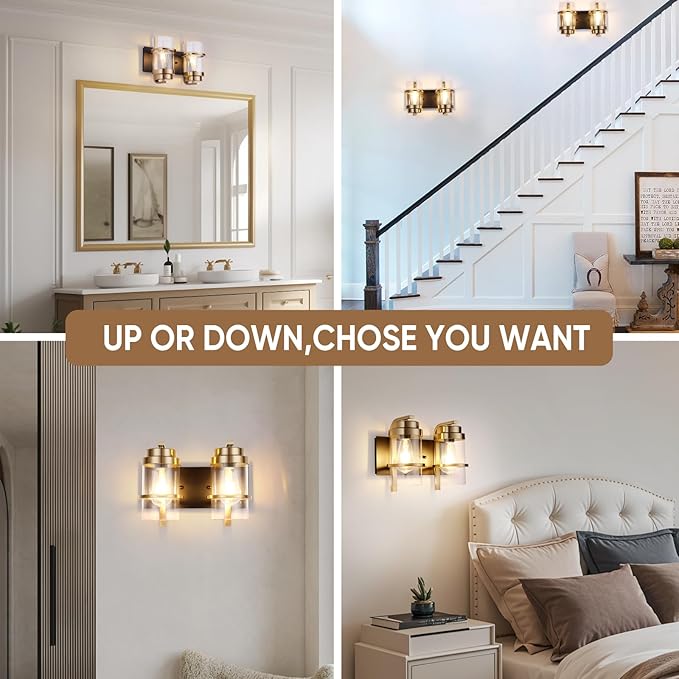 Bathroom Vanity Light Fixtures, Black Gold Vanity Lights for Bathroom 2 Lights,Gold Brushed Wall Sconce(Bulbs not Included)-Ruum Studio Home