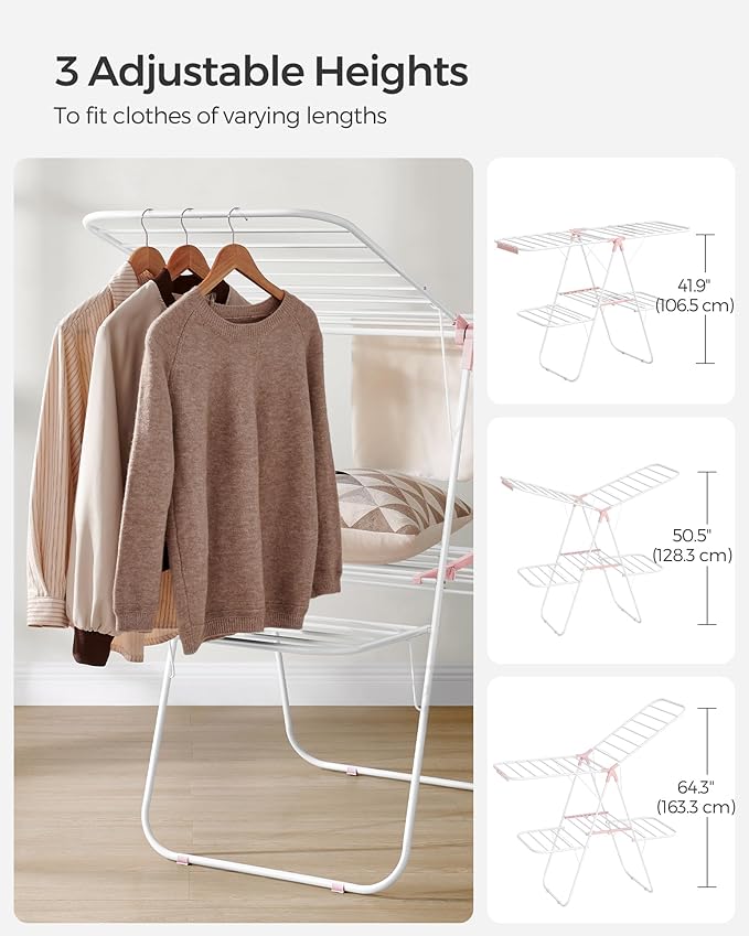 SONGMICS Clothes Drying Rack, Foldable 2-Level Laundry Drying Rack, Free-Standing Laundry Airer, with Height-Adjustable Wings, 33 Drying Rails, Sock Clips, White and Pink ULLR053P01V1-Ruum Studio Home