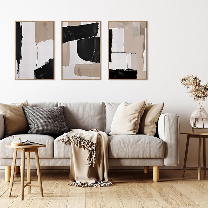 HLNIUC Large Framed Neutral Abstract Canvas Wall Art,Black and White Abstract Wall Decor Set of 3(16”X24”)Modern Minimalist Color Block Art Print,Beige Mid Century Wall Painting for Living Room,Office-Ruum Studio Home