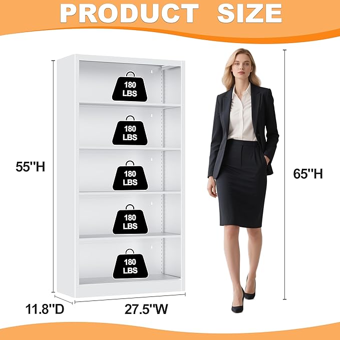 White Bookshelf, 55” Adjustable Tall Metal Bookshelf, 5-Tier Wide Bookshelf with Anti-Tilt Device, Modern Book Cases and Book Shelves for Bedroom, Living Room, Playroom, Study-Ruum Studio Home