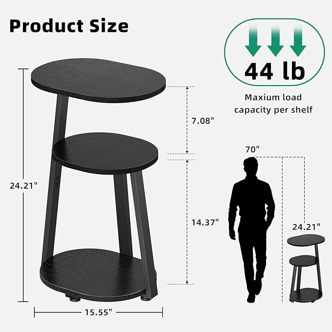 Side Table, Small End Table with Metal Frame, 3-Tier Bedside Tables, Round Side Tables for Living Room Bedroom Couch Bathroom, Oval, Pure Black-Ruum Studio Home