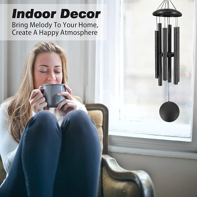 Sympathy Memorial Wind Chimes, 36' with 6 Metal Tubes, Outdoor Deep Tone for Garden, Christmas Hanging Decor - Black Grey-Ruum Studio Home