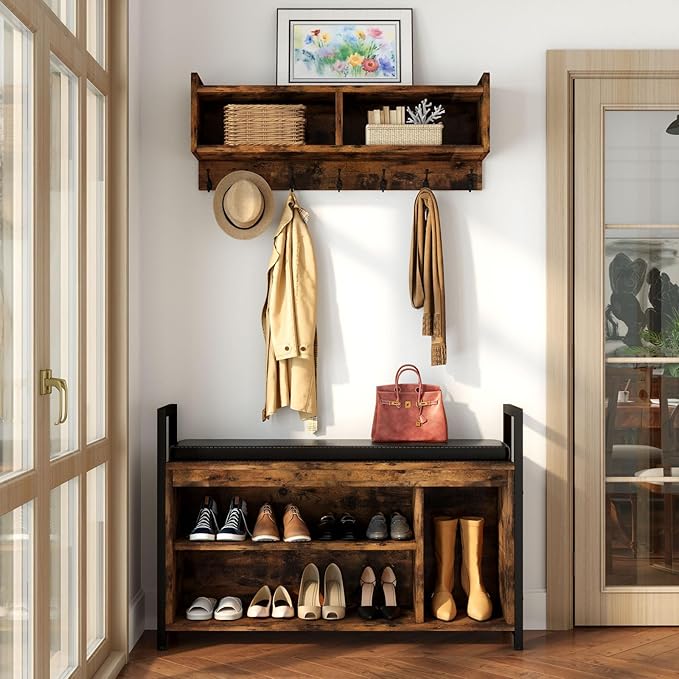 YITAHOME Coat Rack Shoe Bench Set, Wall Coat Rack with Shoe Storage, Industrial Entryway Shoe Bench with Coat Rack, 2 Storage Cubbies with Lip Top for Entryway, Hallway, Rustic Brown-Ruum Studio Home