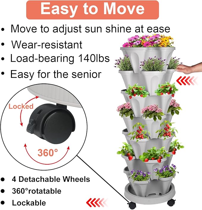 Vertical Planter 7 Tier Stackable Planters Garden Planters Strawberry Herb Flower and Vegetable Planter Indoor Outdoor Gardening Pots with Removable Wheels and Tools 2-Pack-Ruum Studio Home