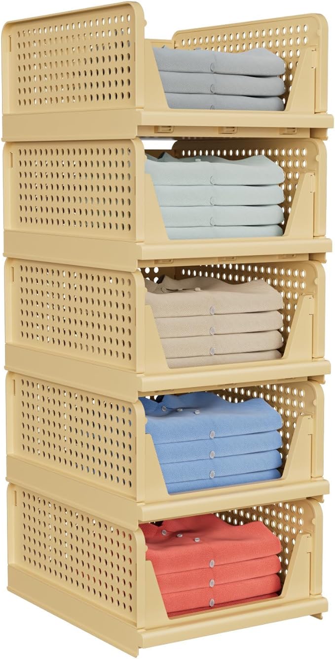 5 Pack Stackable Closet Storage Basket - Stackable Storage Bins, Multifunctional & Foldable Closet Organizer, Wardrobe Cupboard Space-Saving Hat Storage Drawer Organizer, Yellow-Ruum Studio Home
