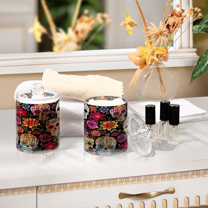 Colorful Skulls 2PC Airtight Transparent Plastic Storage Jar Food Storage Container Plastic for Food Herbs Tea etc with Storage Lid easy to use and clean With lid Easy To Use-Ruum Studio Home