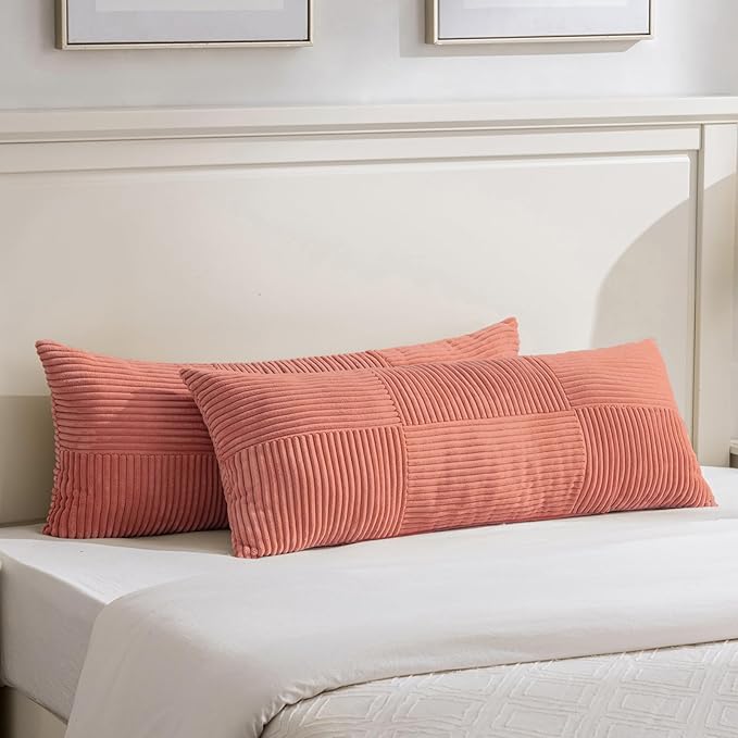 Fancy Homi Set of 2 Coral Boho Long Lumbar Body Decorative Throw Pillow Cover 14x36 Inch for Bed Couch Bedroom Bench, Soft Patchwork Corduroy Textured Pillow Case, Rustic Farmhouse Room Décor-Ruum Studio Home