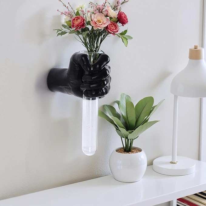 Black Wall Sculptures, Hand Vases Home Decor, Wall Mount Art Sculpture, Unique Wall Art Statue, Funky Flower Vase Decorations, Modern Eclectic Hanging Decor,Glass Test Tube Vase-Ruum Studio Home