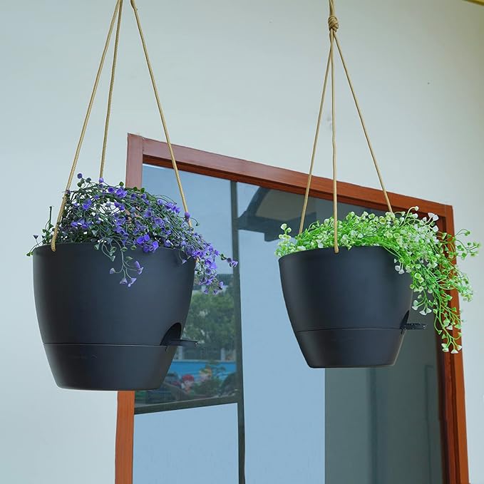 8 inch Hanging Planters, 2 Pack Self Watering Hanging Pots with 20oZ Deep Reservoir for Indoor Outdoor Plants Flowers, Black-Ruum Studio Home