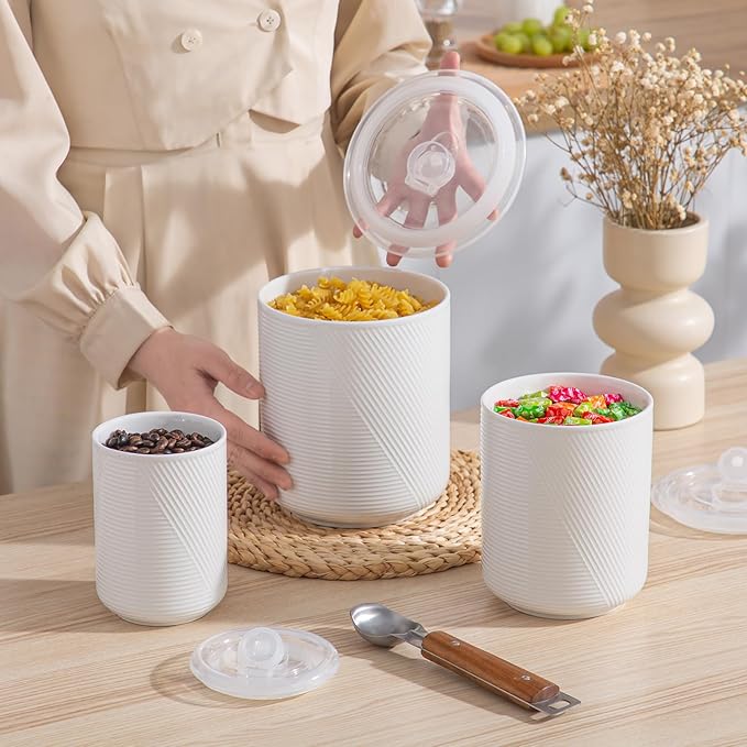 Food Storage Containers with Airtight Lids: Ceramic Canister Sets for Kitchen Countertop - Porcelain Jar for Coffee Tea Flour Sugar Rice Cookies Candy - White (23+42+75 oz)-Ruum Studio Home