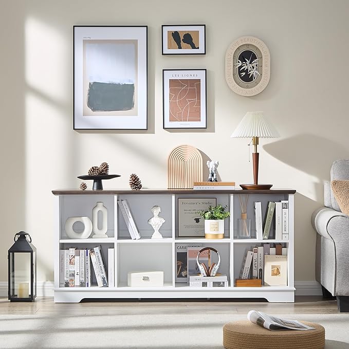 Farmhouse 8 Cube Bookshelf, White Storage Organizer Bookcase, Kids Toy Storage Cabinet, Long Bookshelves Storage Organizer Shelf, Wood Display Cabinet Book Shelves for Bedroom,Living Room,Office-Ruum Studio Home