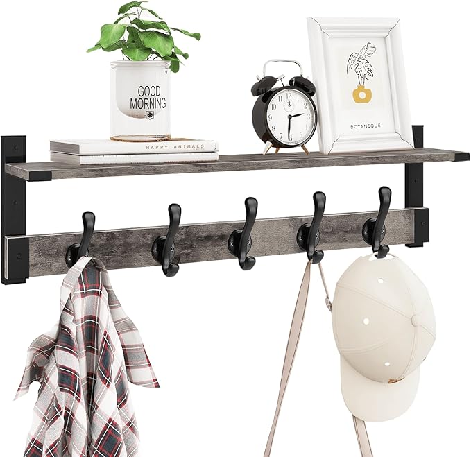 Homode Coat Rack Wall Mount with Shelf, 29 Inch Wood Wall Shelf with Hooks, Entryway Coat Hanger Wall Mount with 5 Hangers for Bathroom, Bedroom, Living Room, Grey-Ruum Studio Home