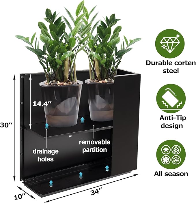 Large Rectangular Metal Planter Box Outdoor 30" H x 34" W x 10" D,Tall Flower Pot with Quick Installation,Long Black Planters for Outdoor Plants with Drainage Holes for Plants,Patio,Garden-Ruum Studio Home