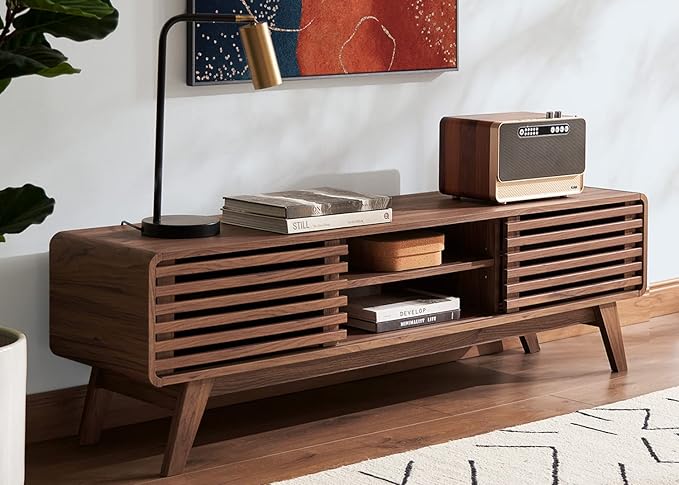 mopio Ensley TV Stand, Mid Century Modern for 55/60/65 inch TV, Farmhouse TV Stand, Entertainment Center with Storage, TV and Media Consol for Living Room (Walnut, 59")-Ruum Studio Home