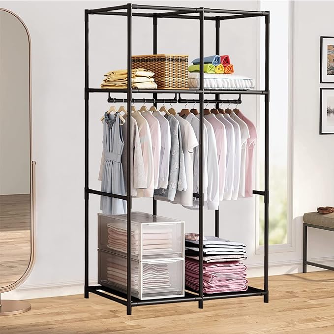 SORCEDAS Portable Wardrobe Closet Storage Organizer Metal Hanging Rack Non-Woven Fabric 34 Inch Coffee (34 Inch, Coffee)-Ruum Studio Home