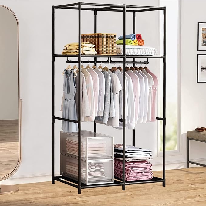 SORCEDAS Portable Wardrobe Closet Storage Organizer Metal Hanging Rack Non-Woven Fabric 34 Inch Coffee (34 Inch, Blue)-Ruum Studio Home