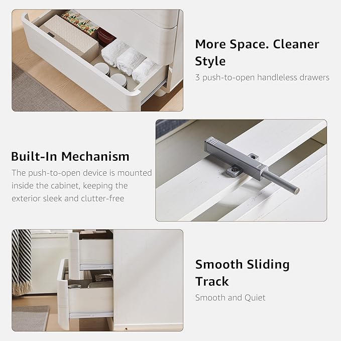 JXQTLINGMU 22" Modern Nightstand with Charging Station, Large Push-to-Open End Table, Wood Bedside Table w/Curved Profile Design, Handleless 3 Drawer Night Stand for Bedroom, Living Room, Off White-Ruum Studio Home