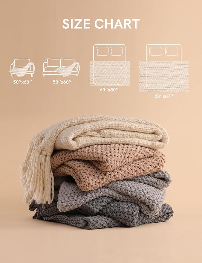 YnM Chunky Cotton Knit Throw Blanket, Cable Knit Throws for Bed Couch Sofa, Comfy & Relaxing, Decorative Piece for Farmhouse Modern Boho Rustic Scandinavian Chic Vibe, Quarry Grey 50x60 Inches-Ruum Studio Home
