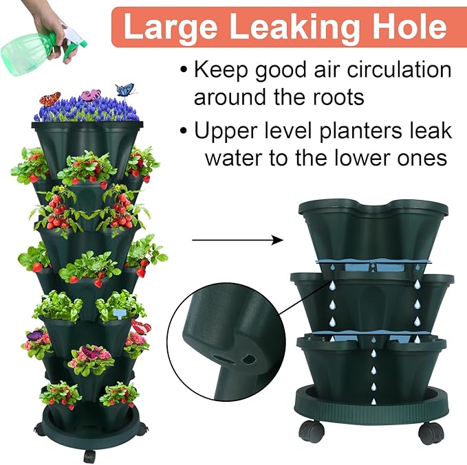 Vertical Planter, 7 Tier Stackable Strawberry Planter with Garden Tool Set, Movable Indoor/Outdoor Garden Herb Pot for Growing Vegetables and Succulents, Green-Ruum Studio Home