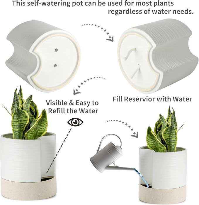 Nihow Self Watering Plant Pot: 8 Inch Ceramic Planter with Drainage Hole & Water Storage Plus for Indoor & Outdoor Plants - Cylinder Round Flower Pot for Succulent/Herbs/Violets - White & Brown-Ruum Studio Home