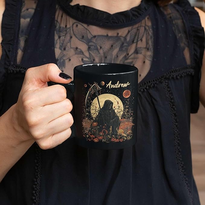 Custom Name Coffee Mug, Halloween Inspired Ceramic Cup 11oz 15oz, Personalized Spooky Reaper Coffee Cup, Halloween Character White Mug with Moon and Floral, Gifts for Men, Women-Ruum Studio Home