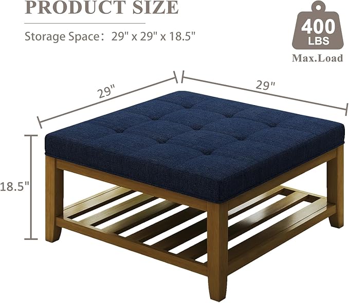 Large Square Ottoman Coffee Table, Linen Solid Upholstered Footrest Ottoman with Solid Wood Shelf Storage Tufted Coffee Table for Bedroom Living Room, Navy Blue-Ruum Studio Home